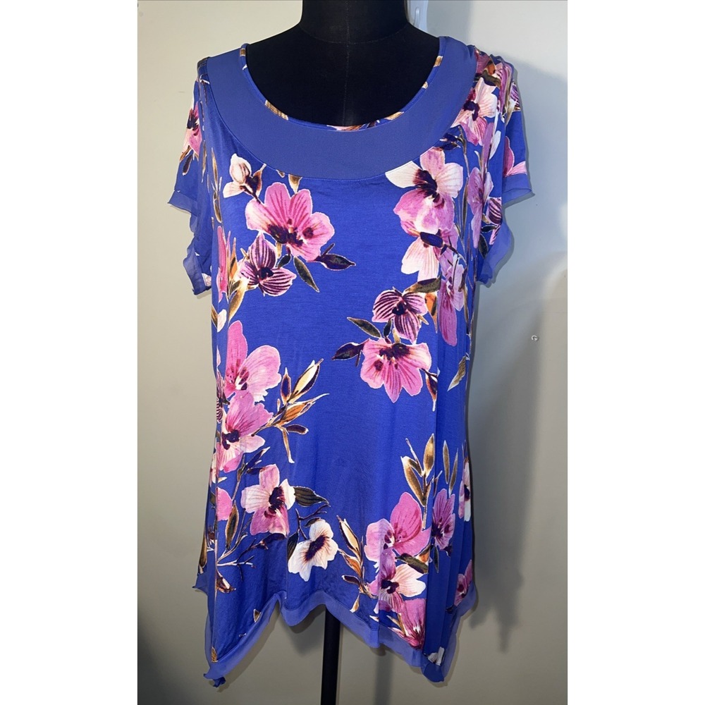 Cable & Gauge Floral Pullover Short Sleeve Asymmetric Hem Sz 1X Artsy Boho
